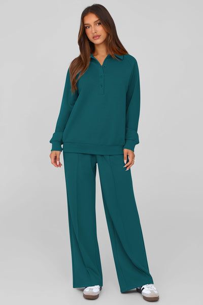 PRETTYGARDEN Women Fall 2 Piece Outfits Sweatsuits Quarter Button Long Sleeve Sweatshirt Wide Leg Pants Tracksuit Lounge Sets