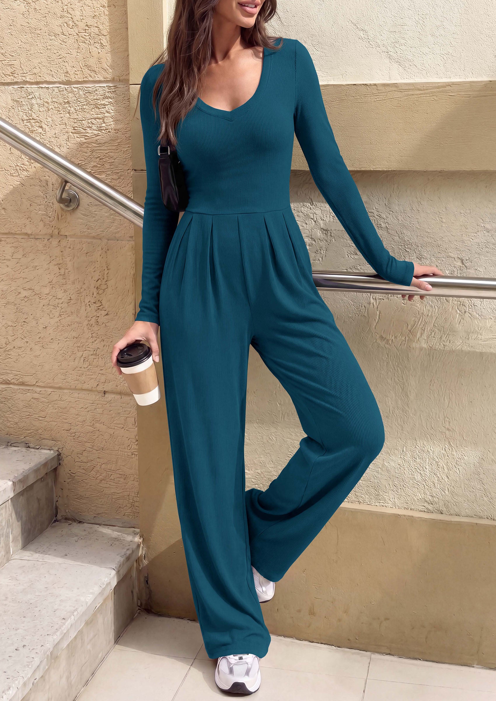PRETTYGARDEN Womens Fall One Piece Long Sleeve Jumpsuit | Stretchy Ribbed Knit, Fashion Deep V Neck, Wide Leg Romper with Pockets, Work Business Casual Outfits, Trendy Winter Clothes