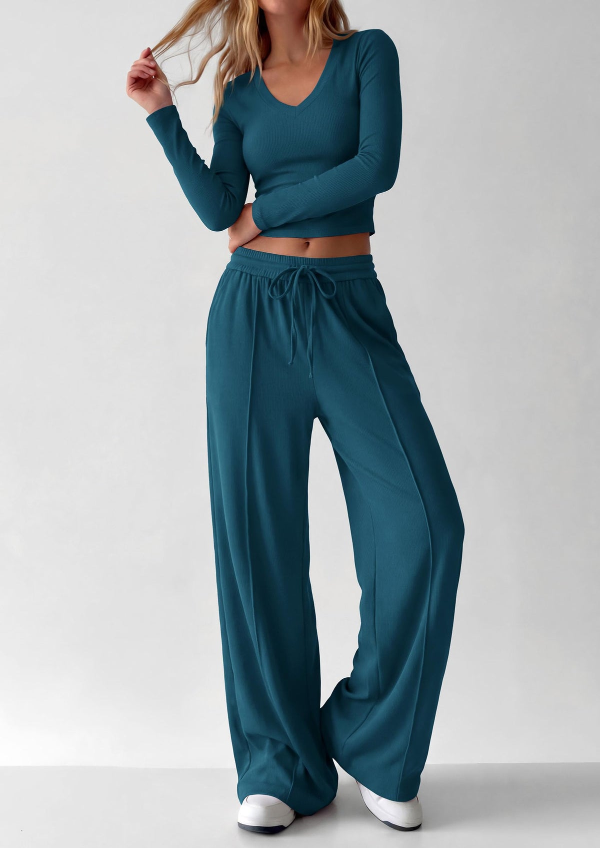 PRETTYGARDEN Women's 2 Piece Lounge Sets Matching Clothing  | V Neck Long Sleeve , Wide Leg Pants Pockets, Airport Travel Outfits, Soft Ribbed Knit, Drawstring Waist, Fall Resort Wear