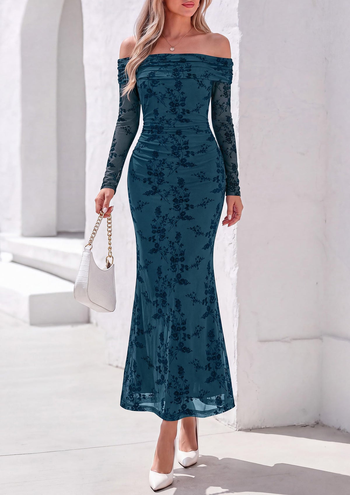 PRETTYGARDEN Womens Off Shoulder Floral Maxi Wedding Guest Dress  Mesh Slim Fit,Elegant Bodycon,Formal Party Cocktail Dress,Bridal Shower Baby Shower,Date Night Outfits,Vacation Long Dresses