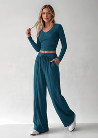 PRETTYGARDEN Women's 2 Piece Lounge Sets Matching Clothing  | V Neck Long Sleeve , Wide Leg Pants Pockets, Airport Travel Outfits, Soft Ribbed Knit, Drawstring Waist, Fall Resort Wear