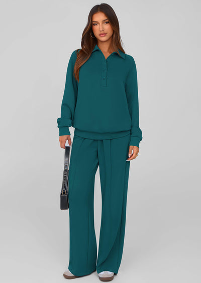 PRETTYGARDEN Women Fall 2 Piece Outfits Sweatsuits Quarter Button Long Sleeve Sweatshirt Wide Leg Pants Tracksuit Lounge Sets