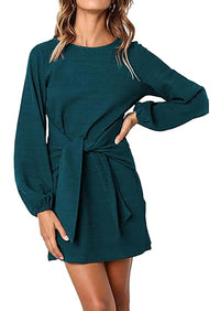 PRETTYGARDEN Womens Fall Elegant Long Lantern Sleeve Short Dress Wedding Guest Crewneck Tie Waist Knit Cocktail Dresses PRETTYGARDEN
