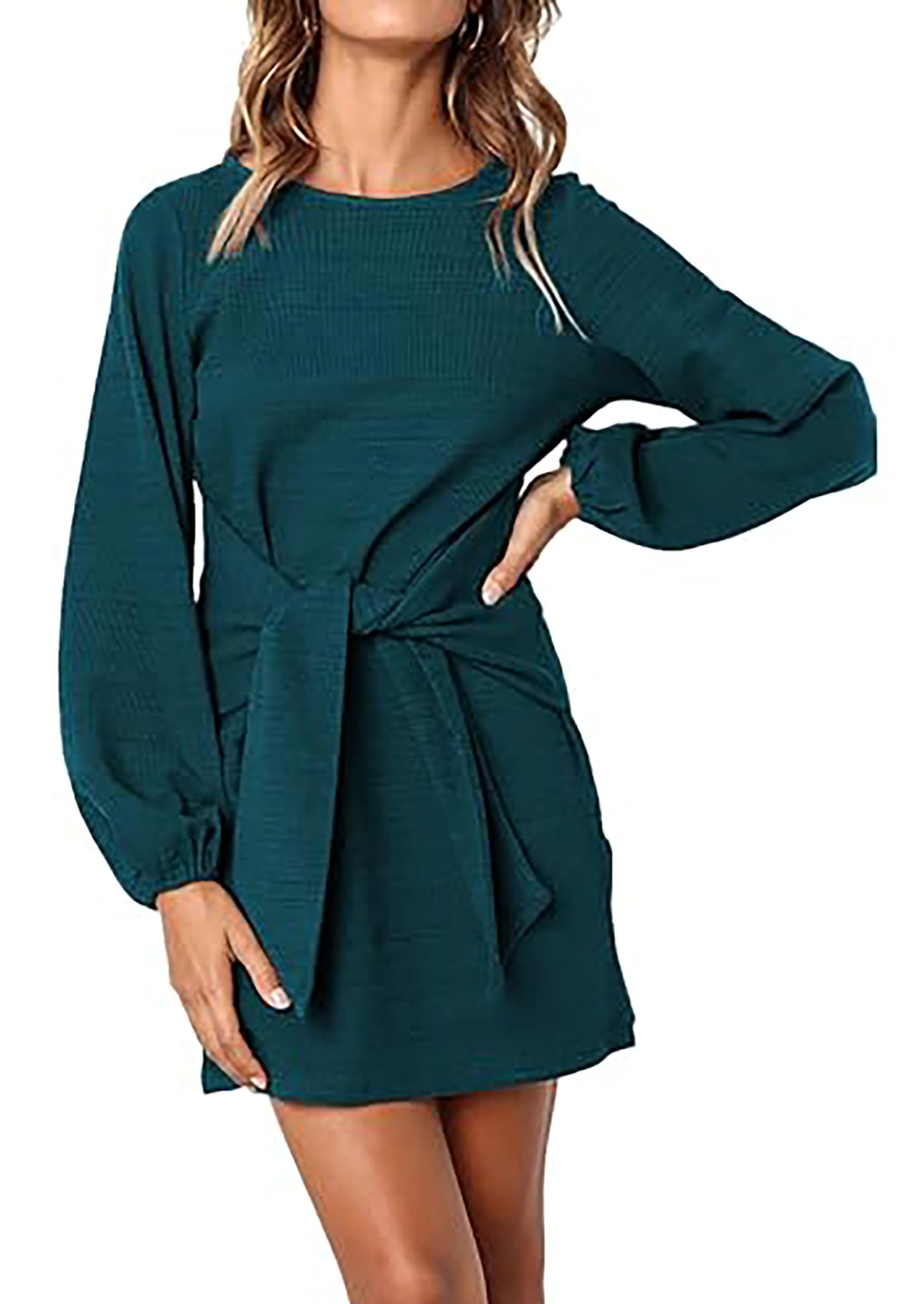 PRETTYGARDEN Womens Fall Elegant Long Lantern Sleeve Short Dress Wedding Guest Crewneck Tie Waist Knit Cocktail Dresses PRETTYGARDEN