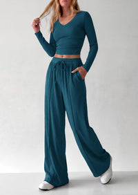 PRETTYGARDEN Women's 2 Piece Lounge Sets Matching Clothing  | V Neck Long Sleeve , Wide Leg Pants Pockets, Airport Travel Outfits, Soft Ribbed Knit, Drawstring Waist, Fall Resort Wear