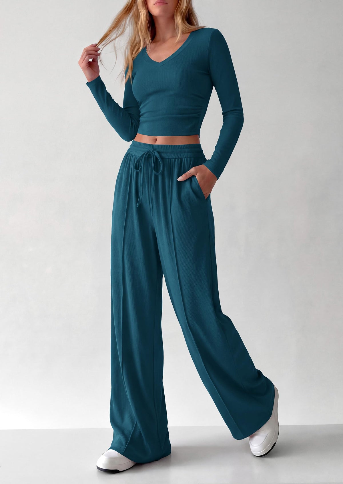 PRETTYGARDEN Women's 2 Piece Lounge Sets Matching Clothing  | V Neck Long Sleeve , Wide Leg Pants Pockets, Airport Travel Outfits, Soft Ribbed Knit, Drawstring Waist, Fall Resort Wear