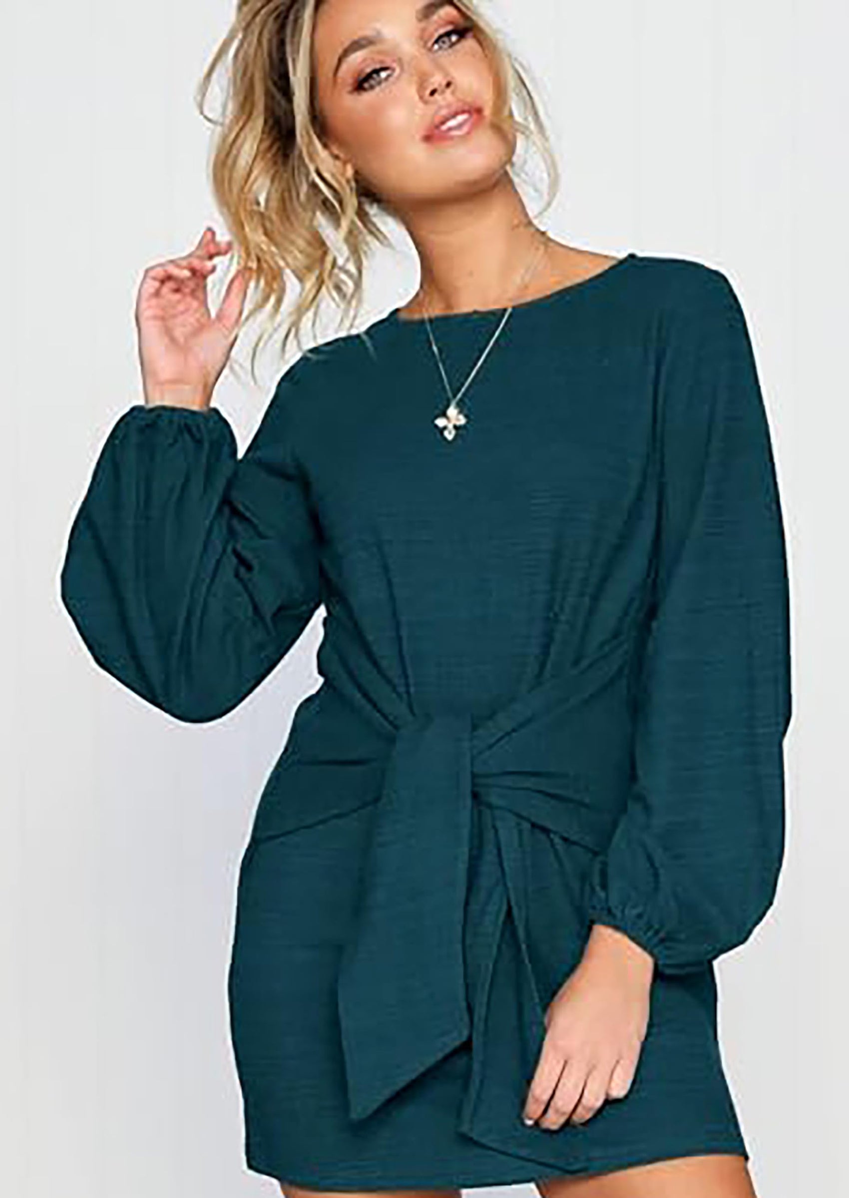 PRETTYGARDEN Womens Fall Elegant Long Lantern Sleeve Short Dress Wedding Guest Crewneck Tie Waist Knit Cocktail Dresses PRETTYGARDEN