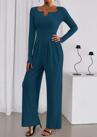 PRETTYGARDEN Jumpsuits for Women Dressy Casual Fall One Piece Outfits Long Sleeve Crew Neck Wide Leg Pants Rompers