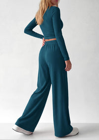 PRETTYGARDEN Women's 2 Piece Lounge Sets Matching Clothing  | V Neck Long Sleeve , Wide Leg Pants Pockets, Airport Travel Outfits, Soft Ribbed Knit, Drawstring Waist, Fall Resort Wear