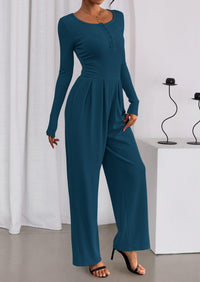 PRETTYGARDEN Jumpsuits for Women Dressy Casual Fall One Piece Outfits Long Sleeve Crew Neck Wide Leg Pants Rompers