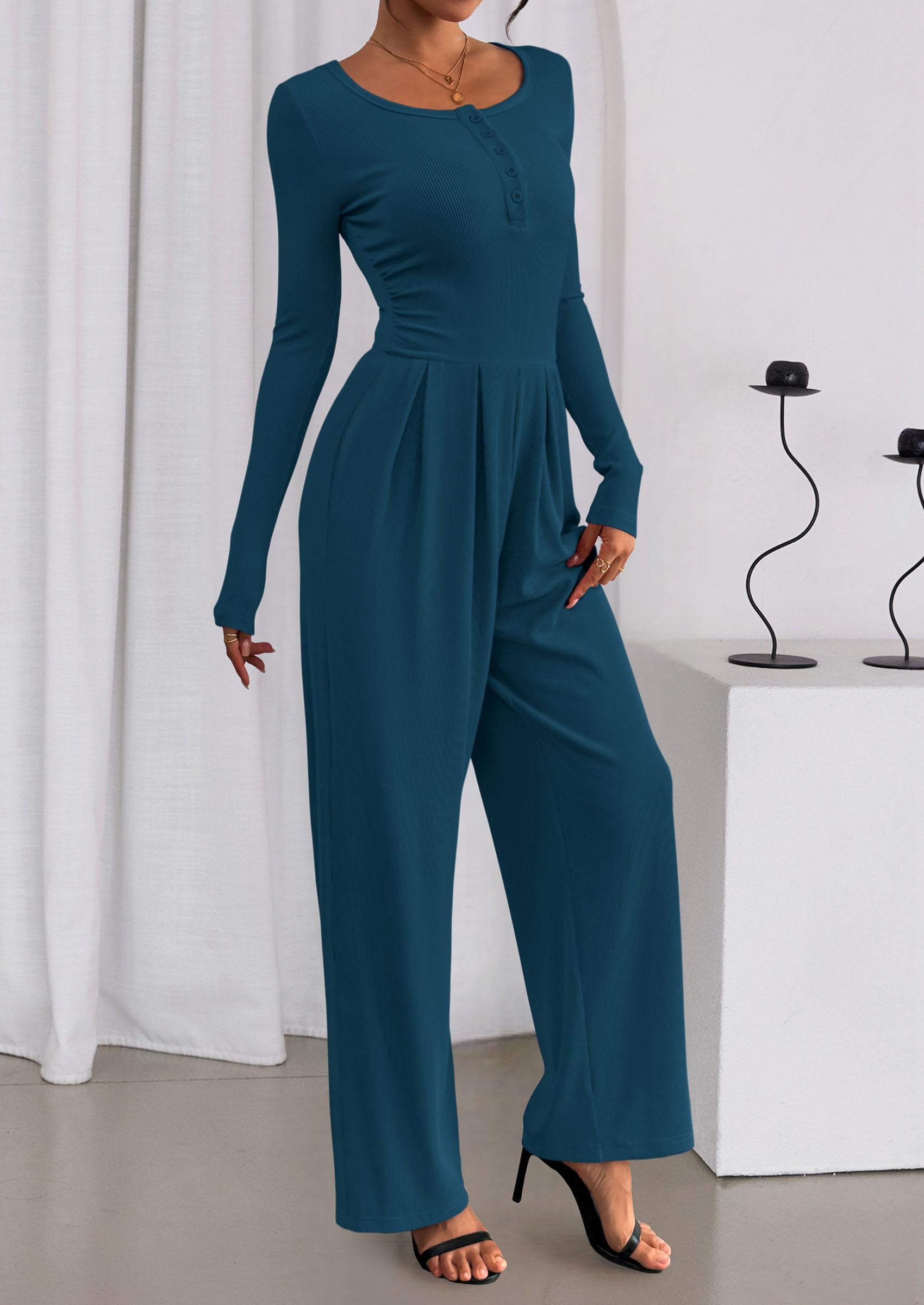 PRETTYGARDEN Jumpsuits for Women Dressy Casual Fall One Piece Outfits Long Sleeve Crew Neck Wide Leg Pants Rompers