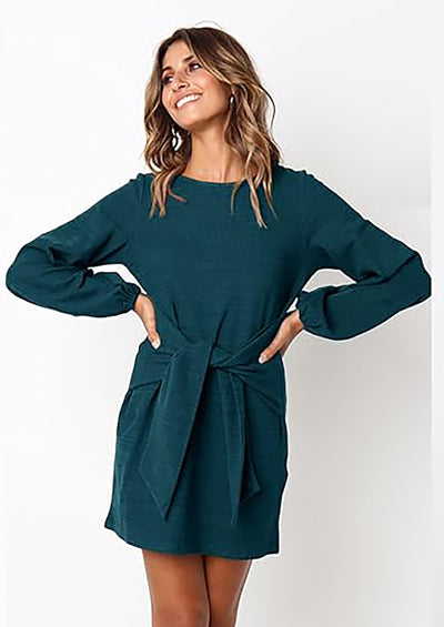 PRETTYGARDEN Womens Fall Elegant Long Lantern Sleeve Short Dress Wedding Guest Crewneck Tie Waist Knit Cocktail Dresses PRETTYGARDEN