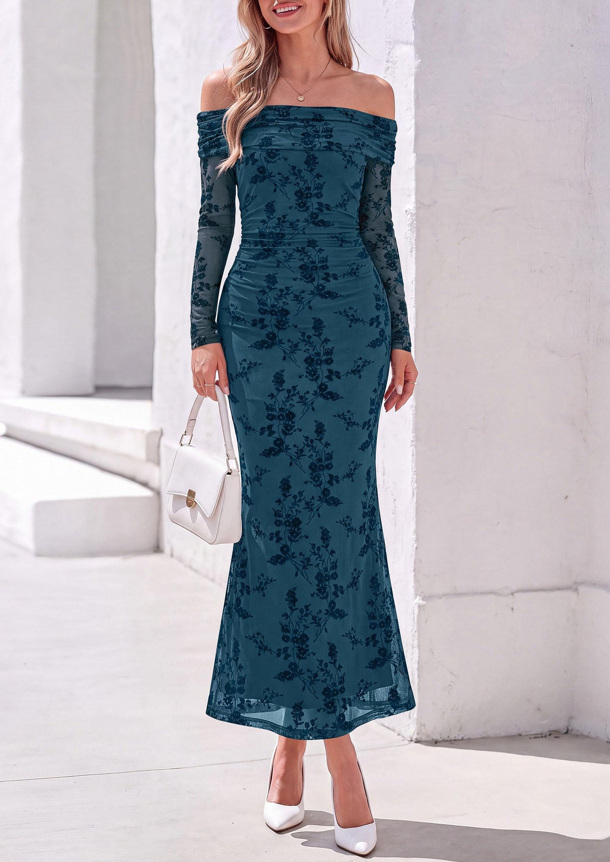 PRETTYGARDEN Womens Off Shoulder Floral Maxi Wedding Guest Dress  Mesh Slim Fit,Elegant Bodycon,Formal Party Cocktail Dress,Bridal Shower Baby Shower,Date Night Outfits,Vacation Long Dresses