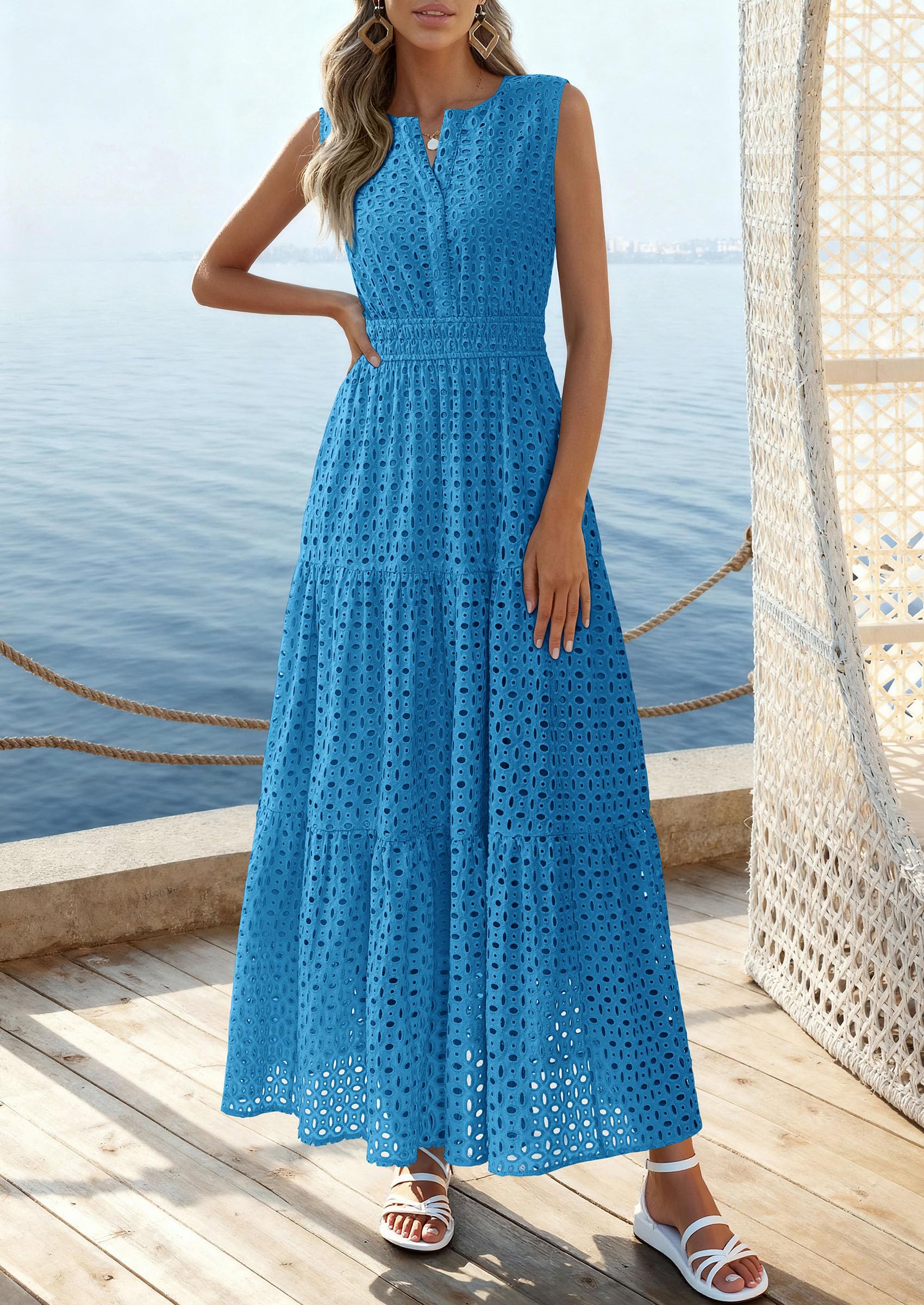 PRETTYGARDEN Summer Dresses for Women Sundresses Sleeveless V Neck Eyelet A Line Flowy Beach Vacation Spring Maxi Dress PRETTYGARDEN