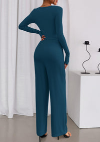 PRETTYGARDEN Jumpsuits for Women Dressy Casual Fall One Piece Outfits Long Sleeve Crew Neck Wide Leg Pants Rompers