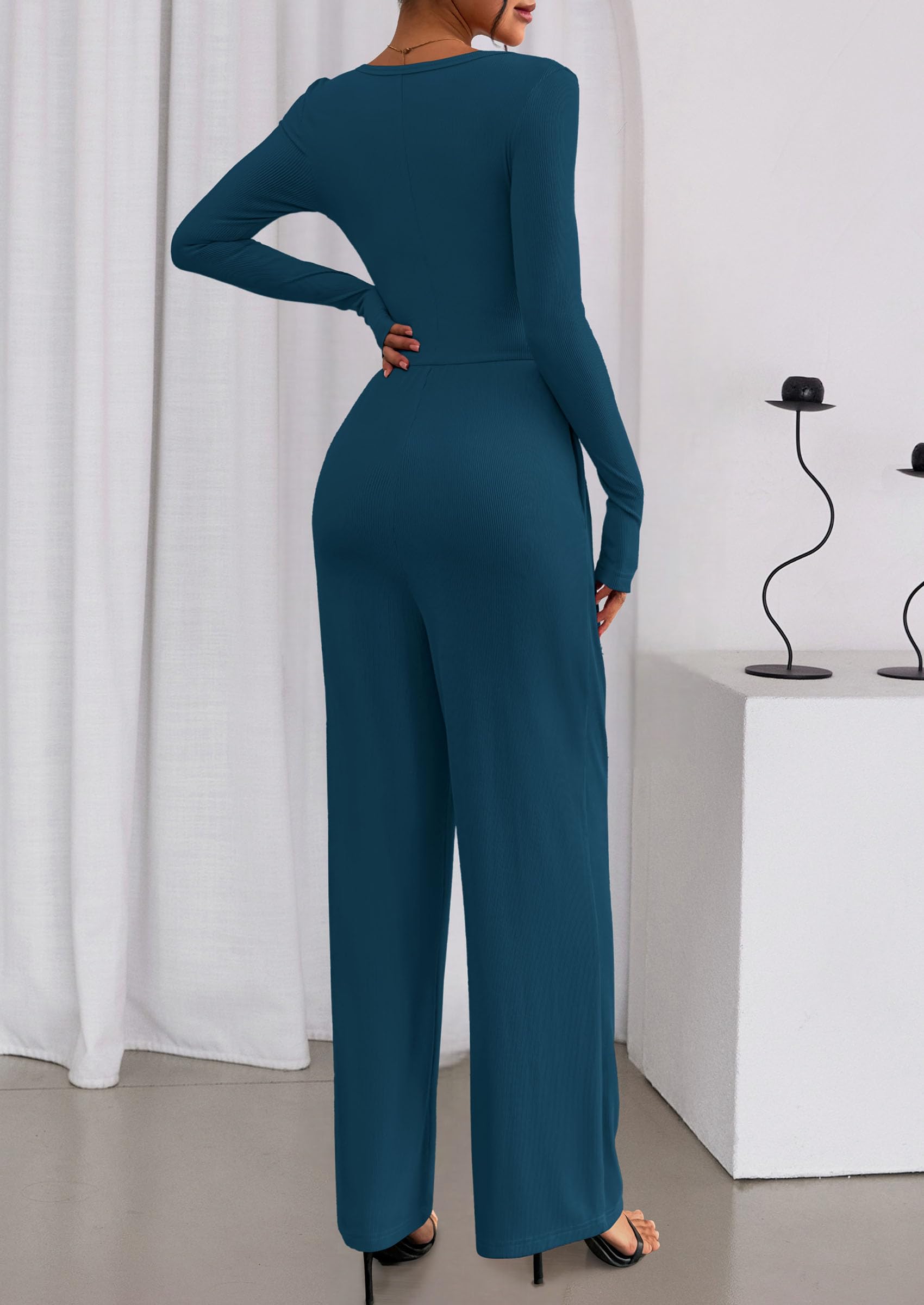 PRETTYGARDEN Jumpsuits for Women Dressy Casual Fall One Piece Outfits Long Sleeve Crew Neck Wide Leg Pants Rompers