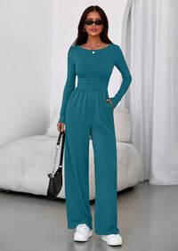 PRETTYGARDEN One Piece Jumpsuits for Women Dressy Casual Long Sleeve Crewneck Wide Leg Romper Overalls Spring Outfits