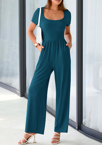 PRETTYGARDEN Women's Summer One Piece Jumpsuits Dressy Casual Short Sleeve Square Neck Wide Leg Jumpsuit Rompers