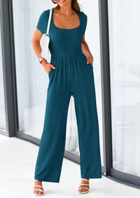 PRETTYGARDEN Women's Summer One Piece Jumpsuits Dressy Casual Short Sleeve Square Neck Wide Leg Jumpsuit Rompers