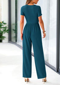 PRETTYGARDEN Women's Summer One Piece Jumpsuits Dressy Casual Short Sleeve Square Neck Wide Leg Jumpsuit Rompers