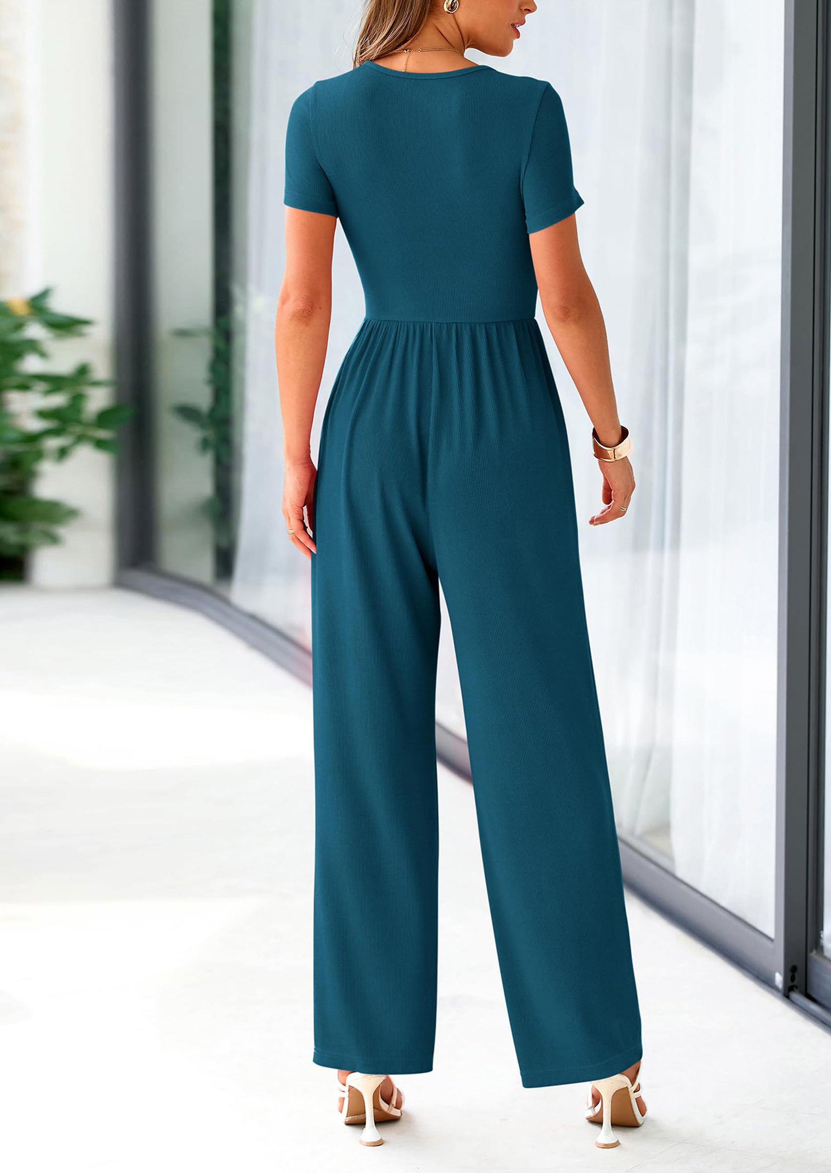 PRETTYGARDEN Women's Summer One Piece Jumpsuits Dressy Casual Short Sleeve Square Neck Wide Leg Jumpsuit Rompers