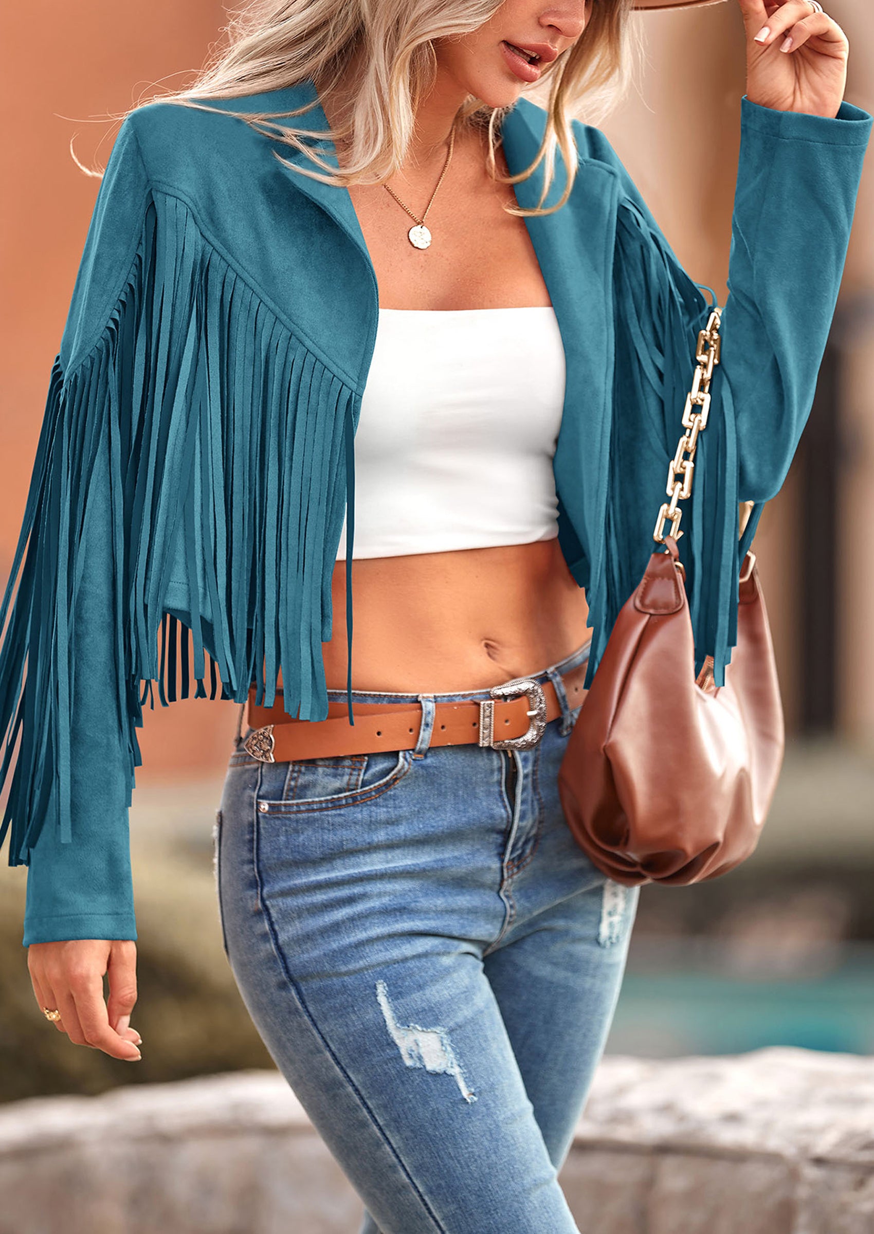 PRETTYGARDEN Women's Fringe Faux Suede Leather Jackets Fashion Tassel Motorcycle Cropped Coats