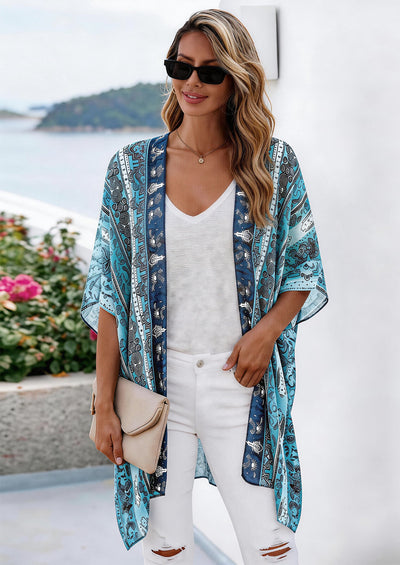 PRETTYGARDEN Summer Kimonos for Women Boho Floral Short Sleeve Kimono Cardigans Swimsuit Beach Cover Ups for Women Swimwear PRETTYGARDEN