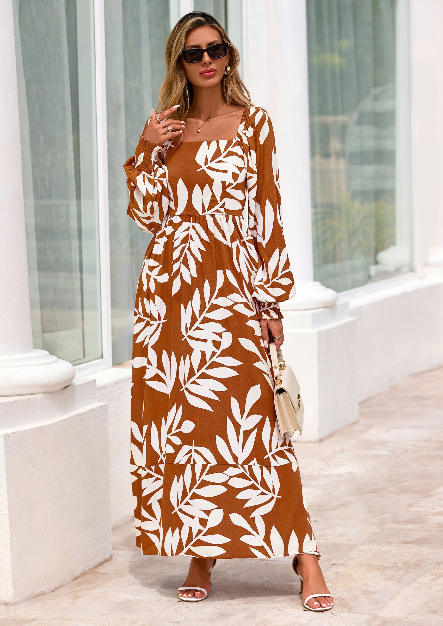 PRETTYGARDEN Women Floral Maxi Dresses Spring Long Sleeve Square Neck Boho A Line Wedding Guest Casual Flowy Long Dress