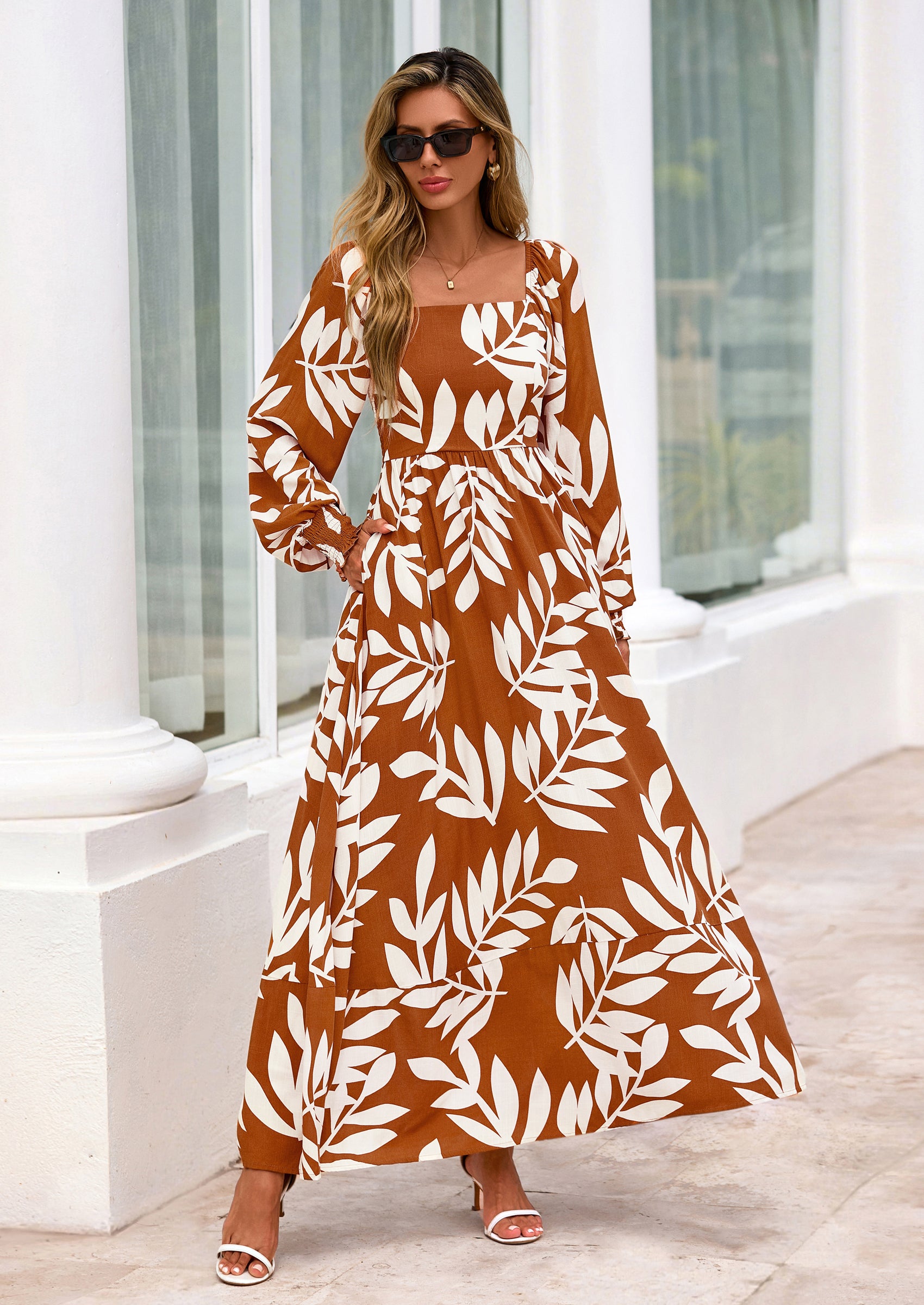 PRETTYGARDEN Women Floral Maxi Dresses Spring Long Sleeve Square Neck Boho A Line Wedding Guest Casual Flowy Long Dress