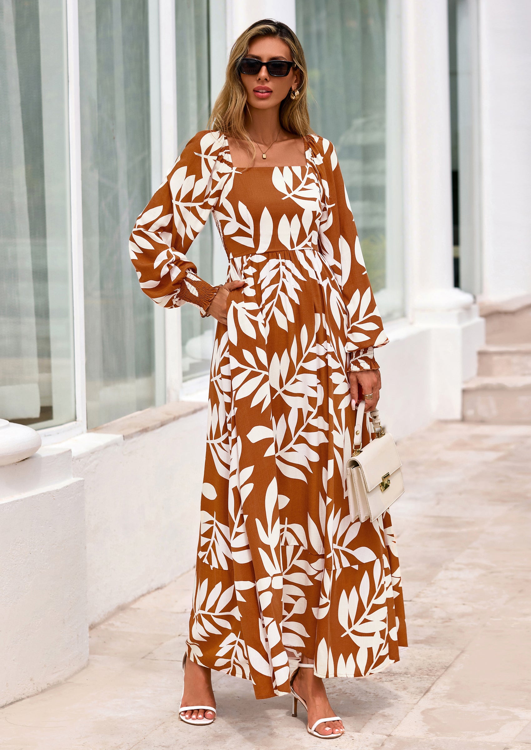 PRETTYGARDEN Women Floral Maxi Dresses Spring Long Sleeve Square Neck Boho A Line Wedding Guest Casual Flowy Long Dress