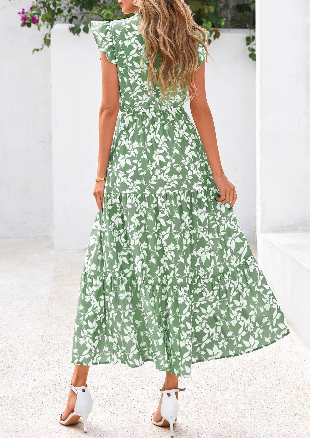 Summer Floral Cap Sleeve V Neck Ruffle Long Flowy Boho Casual Beach Vacation Midi Dress