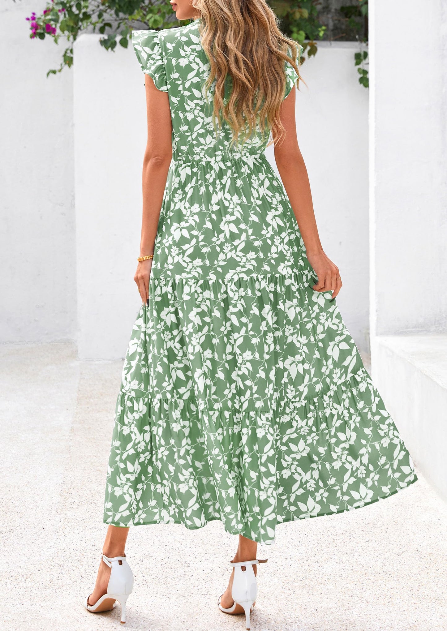 Women's 2025 Summer Floral Midi Dress Cap Sleeve V Neck Ruffle Long Flowy Boho Casual Beach Vacation Dresses