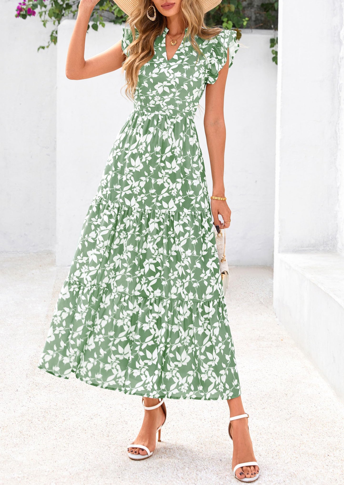 Women's 2025 Summer Floral Midi Dress Cap Sleeve V Neck Ruffle Long Flowy Boho Casual Beach Vacation Dresses