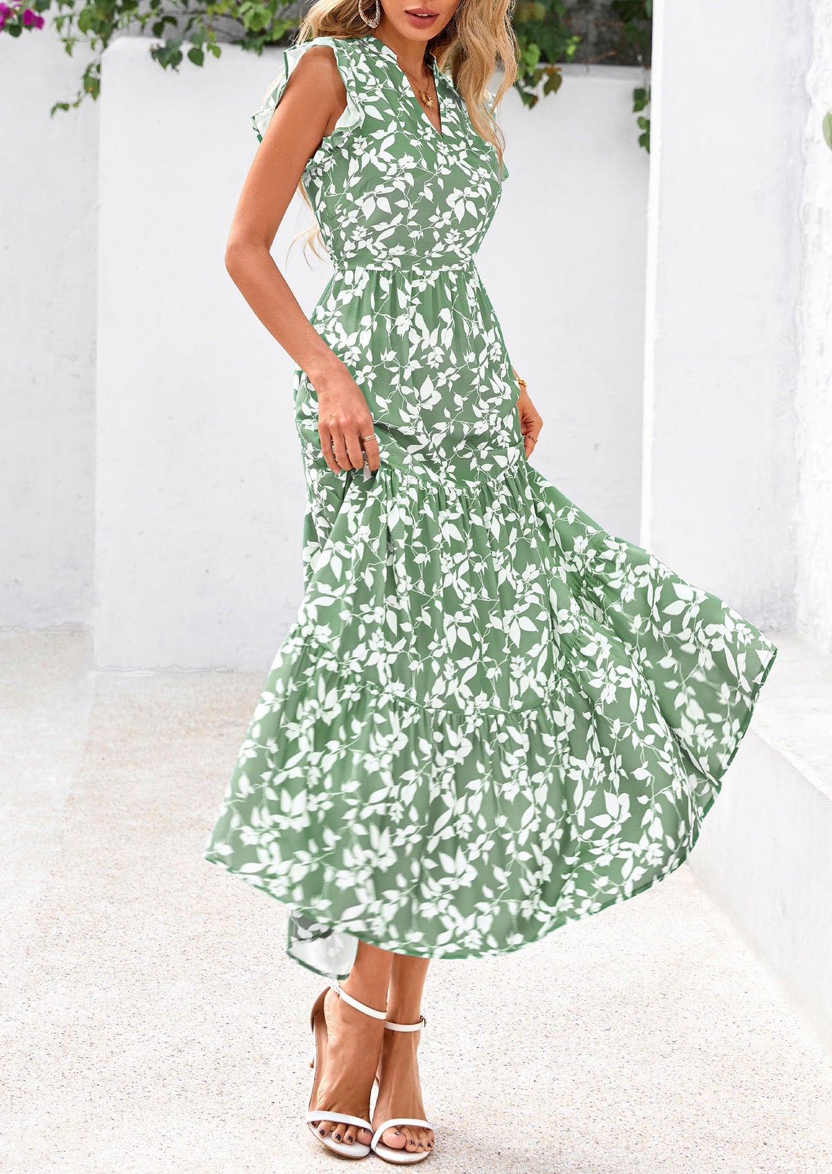 Summer Floral Cap Sleeve V Neck Ruffle Long Flowy Boho Casual Beach Vacation Midi Dress