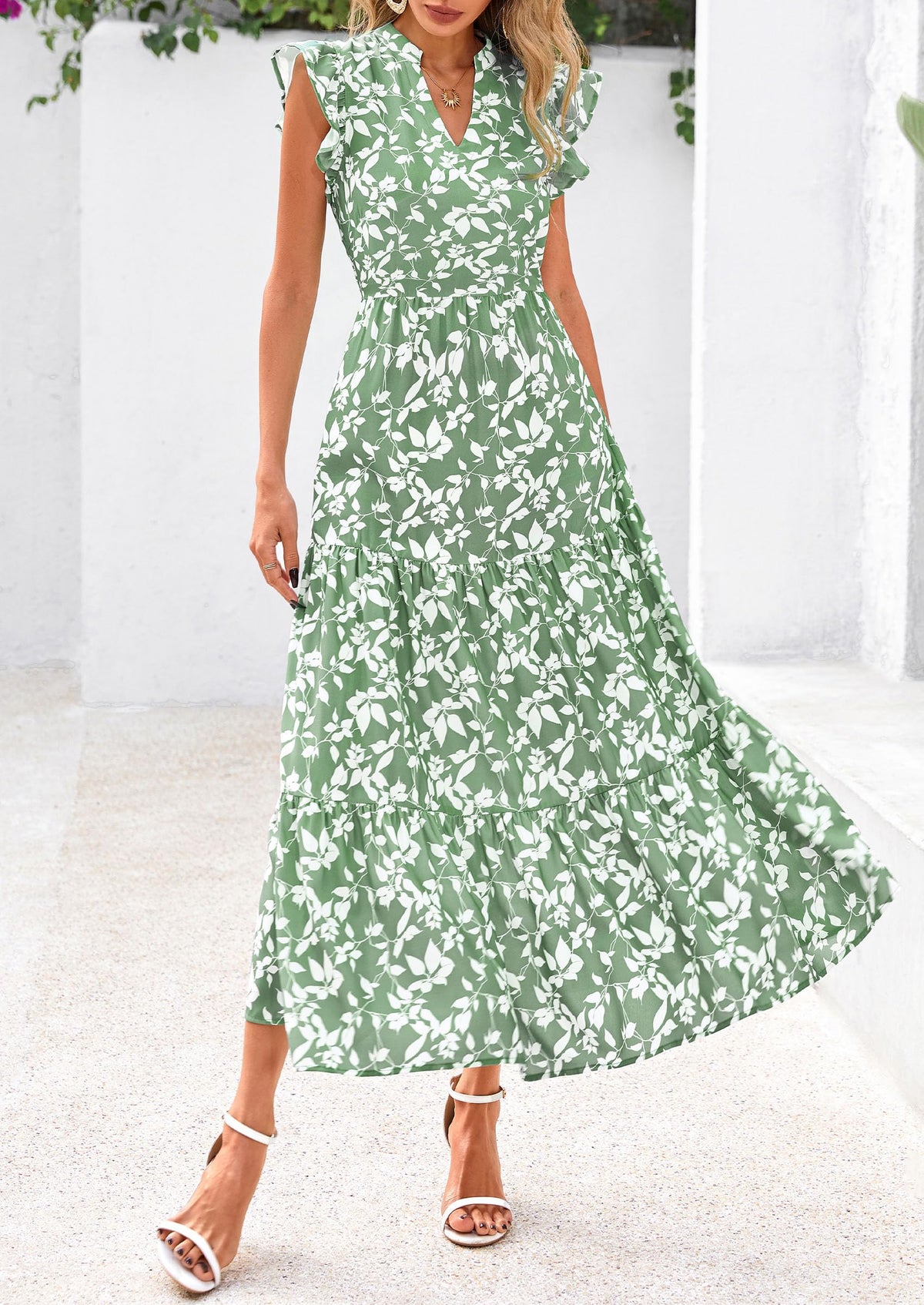 Summer Floral Cap Sleeve V Neck Ruffle Long Flowy Boho Casual Beach Vacation Midi Dress