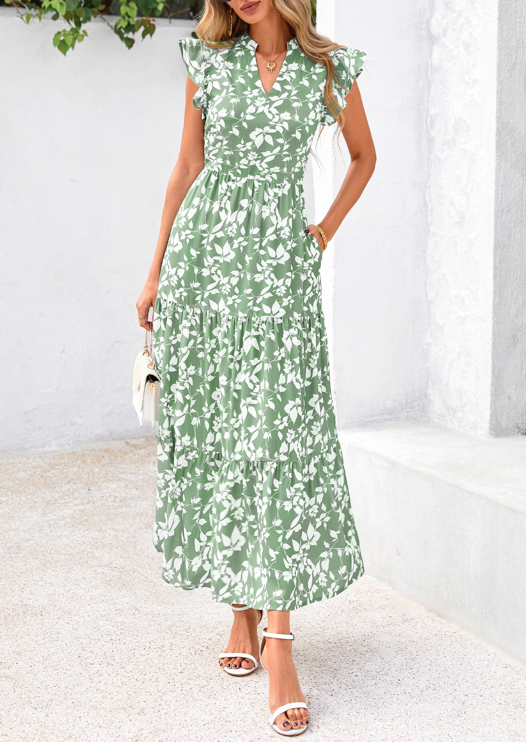 PRETTYGARDEN Women's Summer Floral Midi Dress Cap Sleeve V Neck Ruffle Long Flowy Boho Casual Beach Vacation Dresses