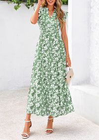 Summer Floral Cap Sleeve V Neck Ruffle Long Flowy Boho Casual Beach Vacation Midi Dress