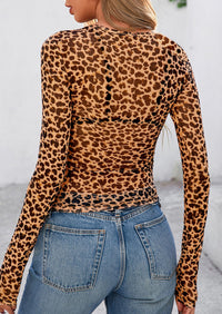 Womens Mesh Long Sleeve Top 2025 Trendy Spring See Through Sheer Blouse Leopard Fitted Going Out Layering Shirts