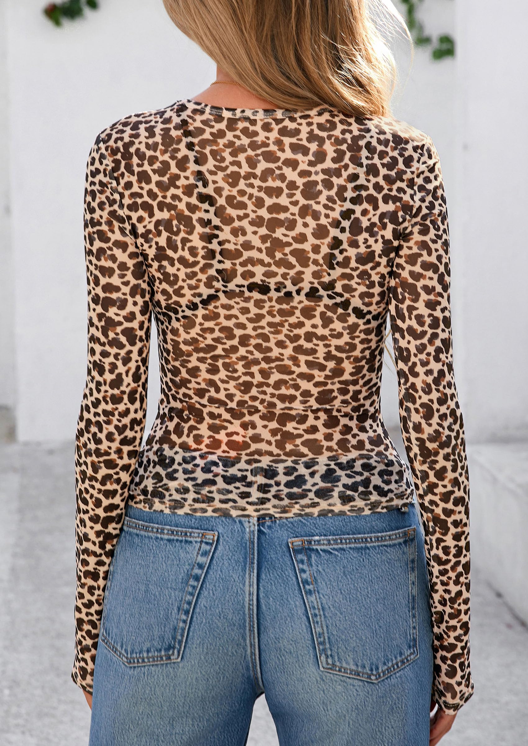 PRETTYGARDEN Women's Mesh Long Sleeve Top Trendy Fall See Through Sheer Blouse Leopard Fitted Going Out Layering Shirts