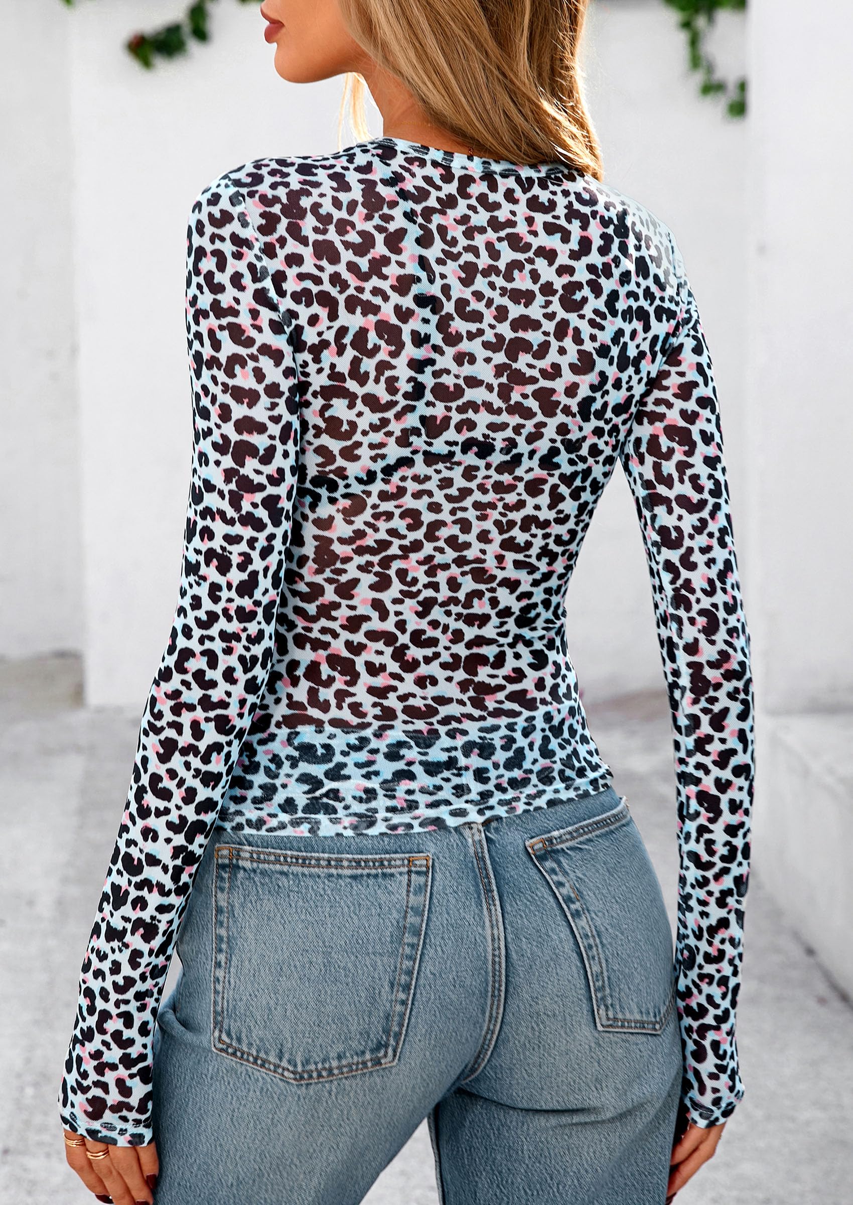 PRETTYGARDEN Women's Mesh Long Sleeve Top Trendy Fall See Through Sheer Blouse Leopard Fitted Going Out Layering Shirts