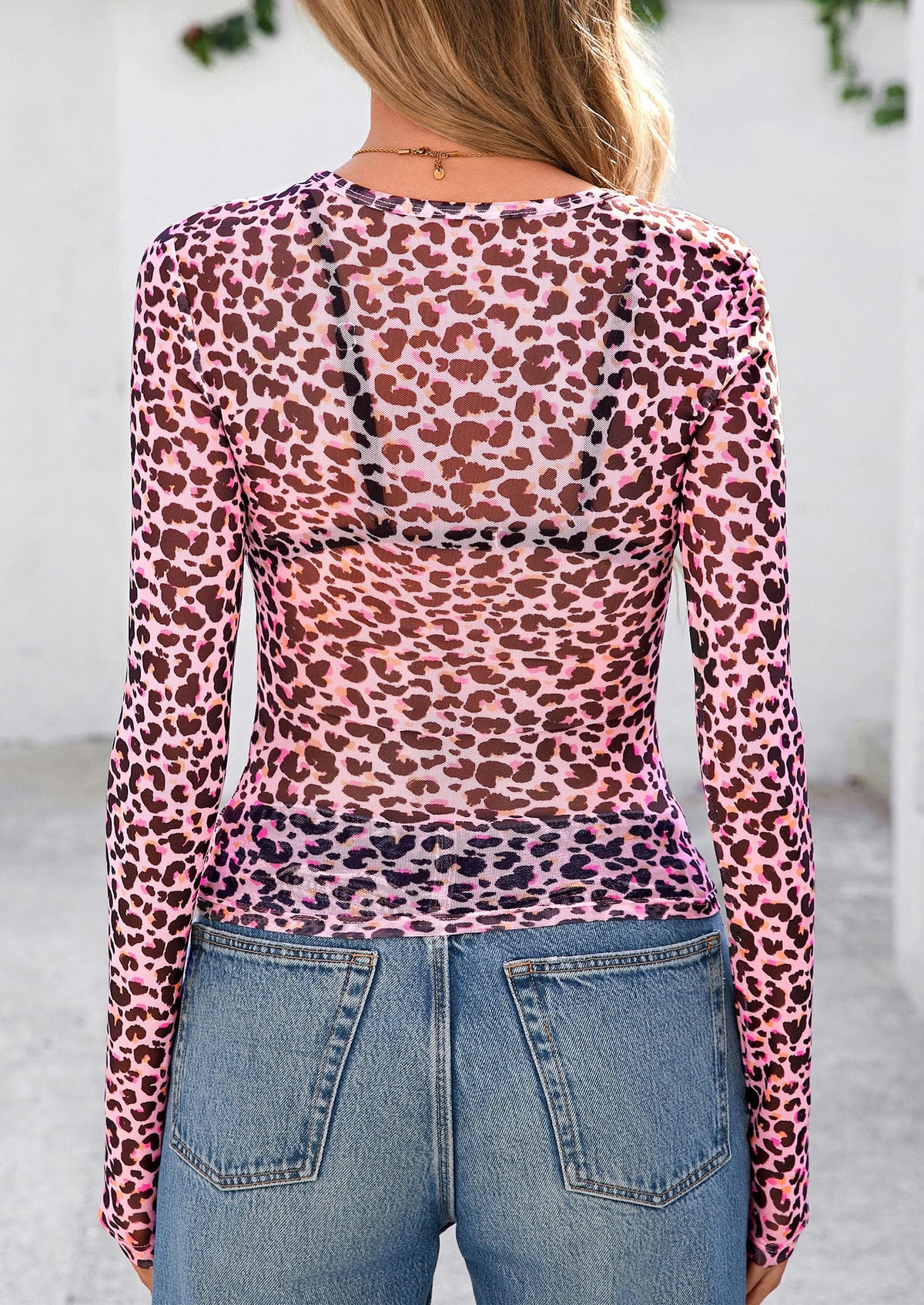 Womens Mesh Long Sleeve Top 2025 Trendy Spring See Through Sheer Blouse Leopard Fitted Going Out Layering Shirts