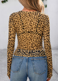 Womens Mesh Long Sleeve Top 2025 Trendy Spring See Through Sheer Blouse Leopard Fitted Going Out Layering Shirts