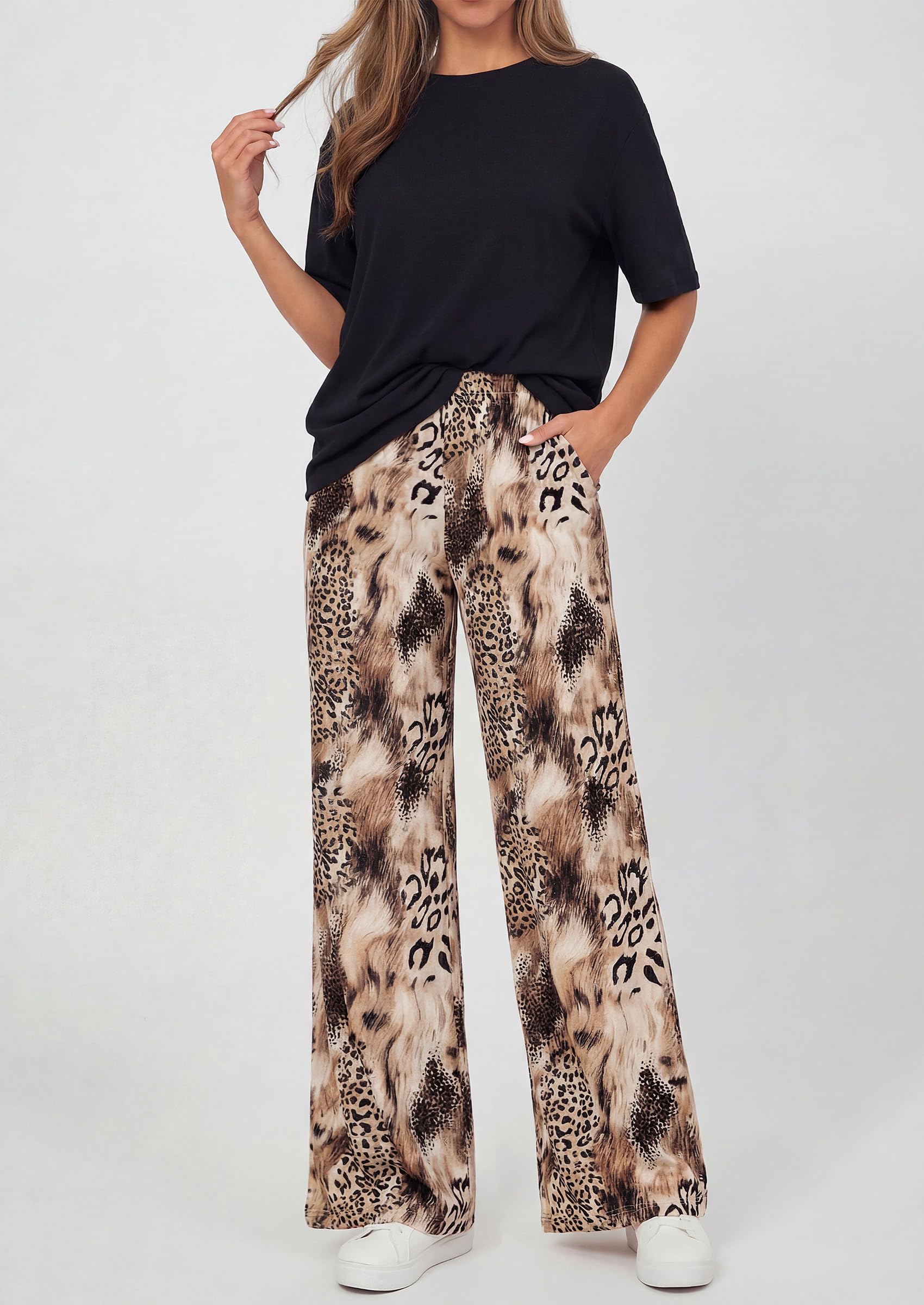 PRETTYGARDEN Women's 2 Piece Lounge Sets Summer Casual Short Sleeve Tops Leopard Flowy Pants Pajamas Vacation Travel Outfits - PRETTYGARDEN