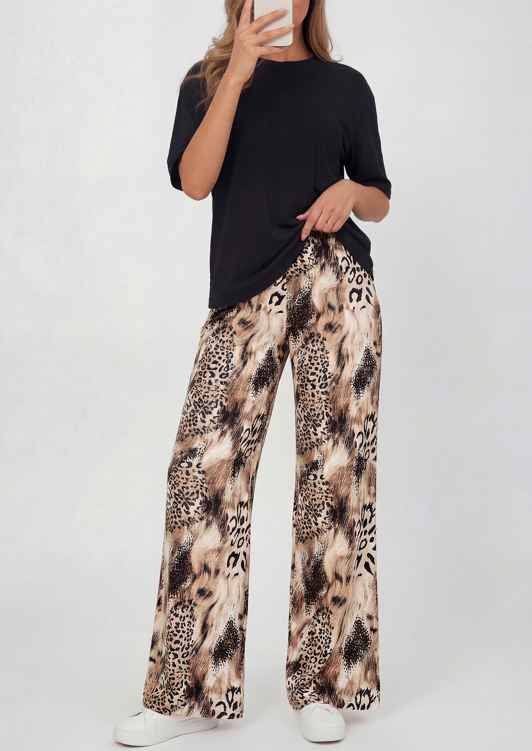 PRETTYGARDEN Women's 2 Piece Lounge Sets Summer Casual Short Sleeve Tops Leopard Flowy Pants Pajamas Vacation Travel Outfits - PRETTYGARDEN