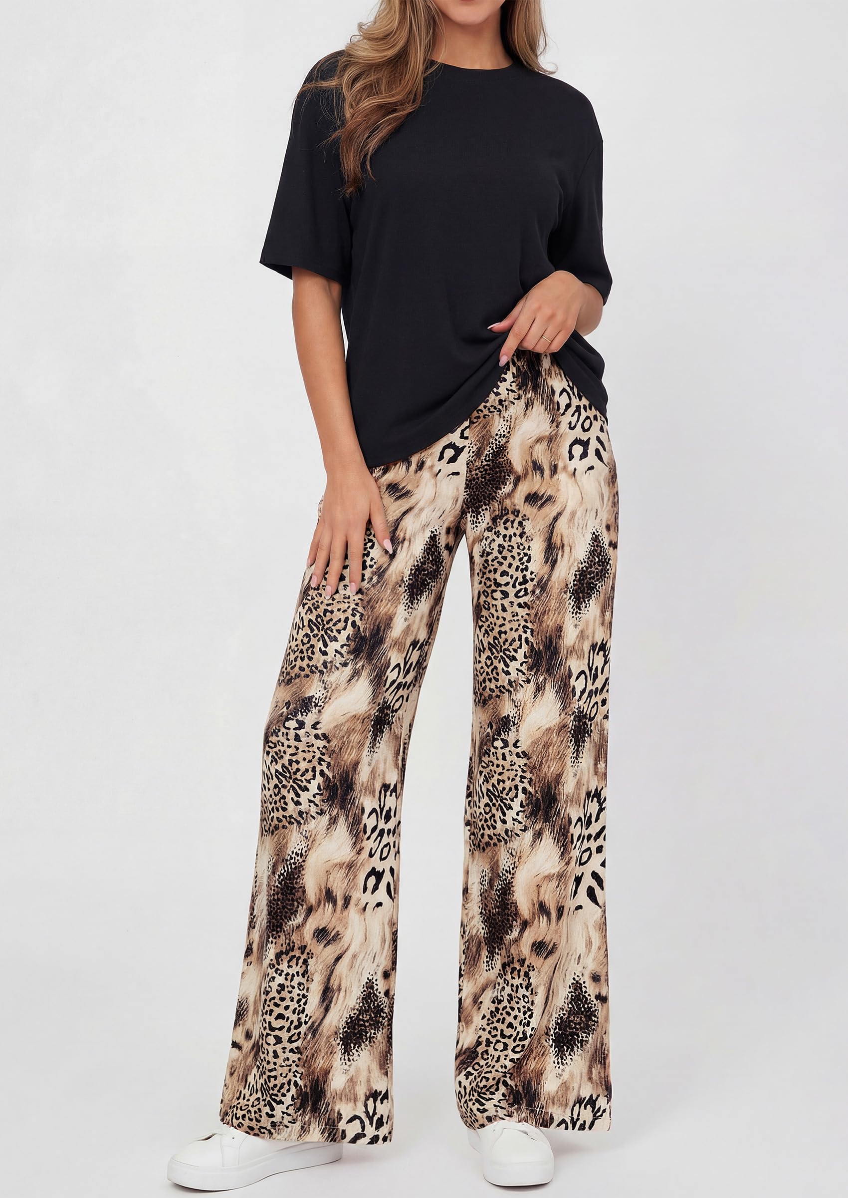 PRETTYGARDEN Women's 2 Piece Lounge Sets Summer Casual Short Sleeve Tops Leopard Flowy Pants Pajamas Vacation Travel Outfits - PRETTYGARDEN