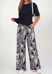 PRETTYGARDEN Women's 2 Piece Lounge Sets Summer Casual Short Sleeve Tops Leopard Flowy Pants Pajamas Vacation Travel Outfits - PRETTYGARDEN