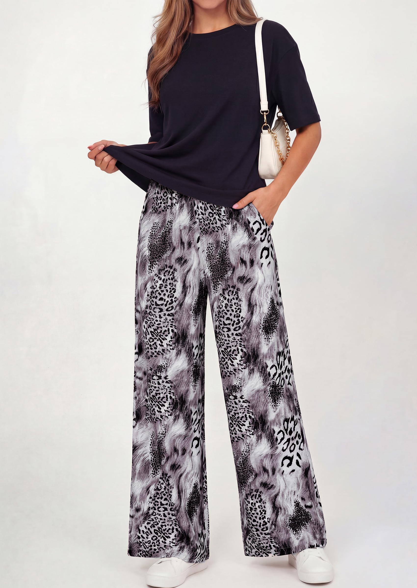 PRETTYGARDEN Women's 2 Piece Lounge Sets Summer Casual Short Sleeve Tops Leopard Flowy Pants Pajamas Vacation Travel Outfits - PRETTYGARDEN