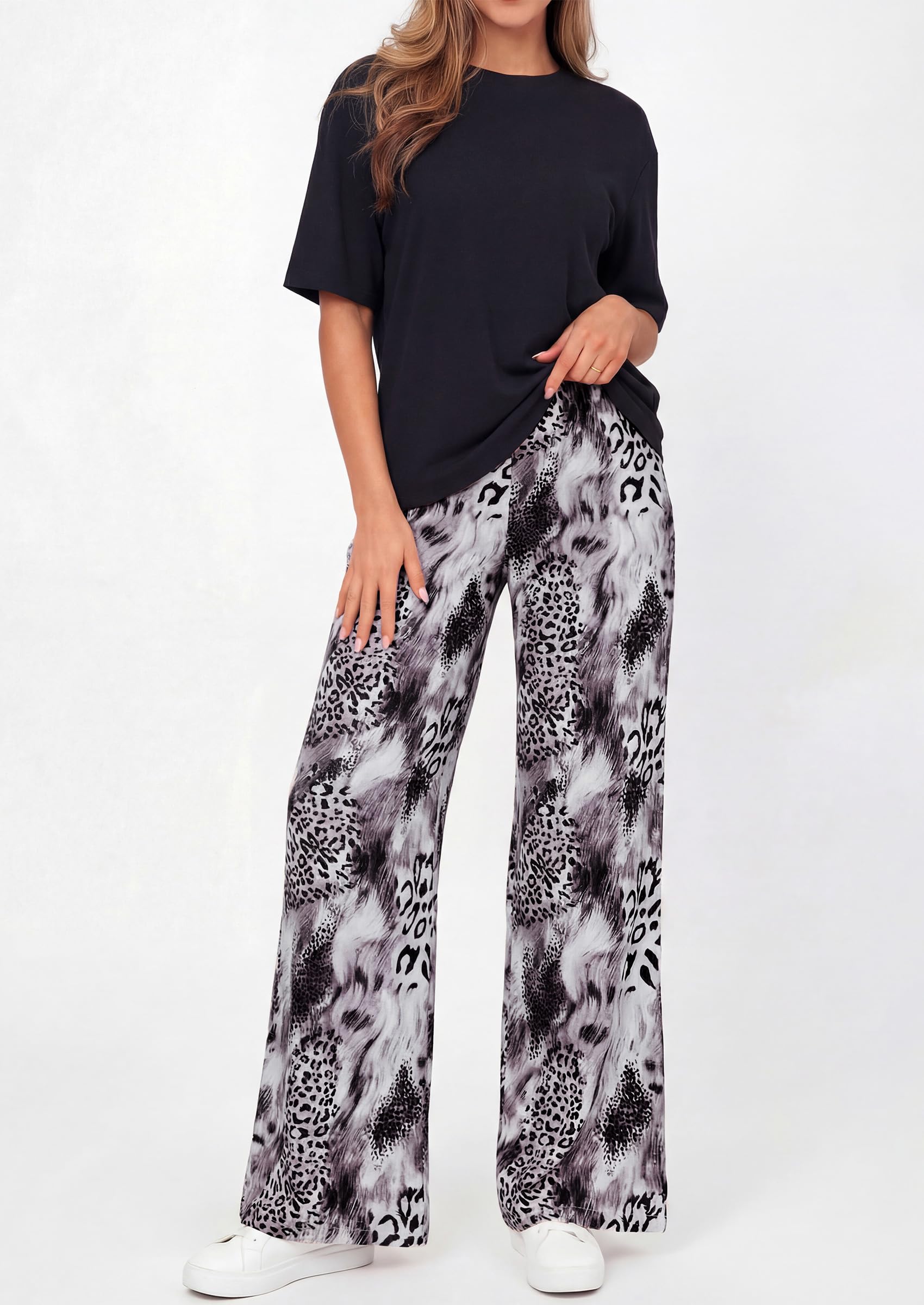 PRETTYGARDEN Women's 2 Piece Lounge Sets Summer Casual Short Sleeve Tops Leopard Flowy Pants Pajamas Vacation Travel Outfits - PRETTYGARDEN
