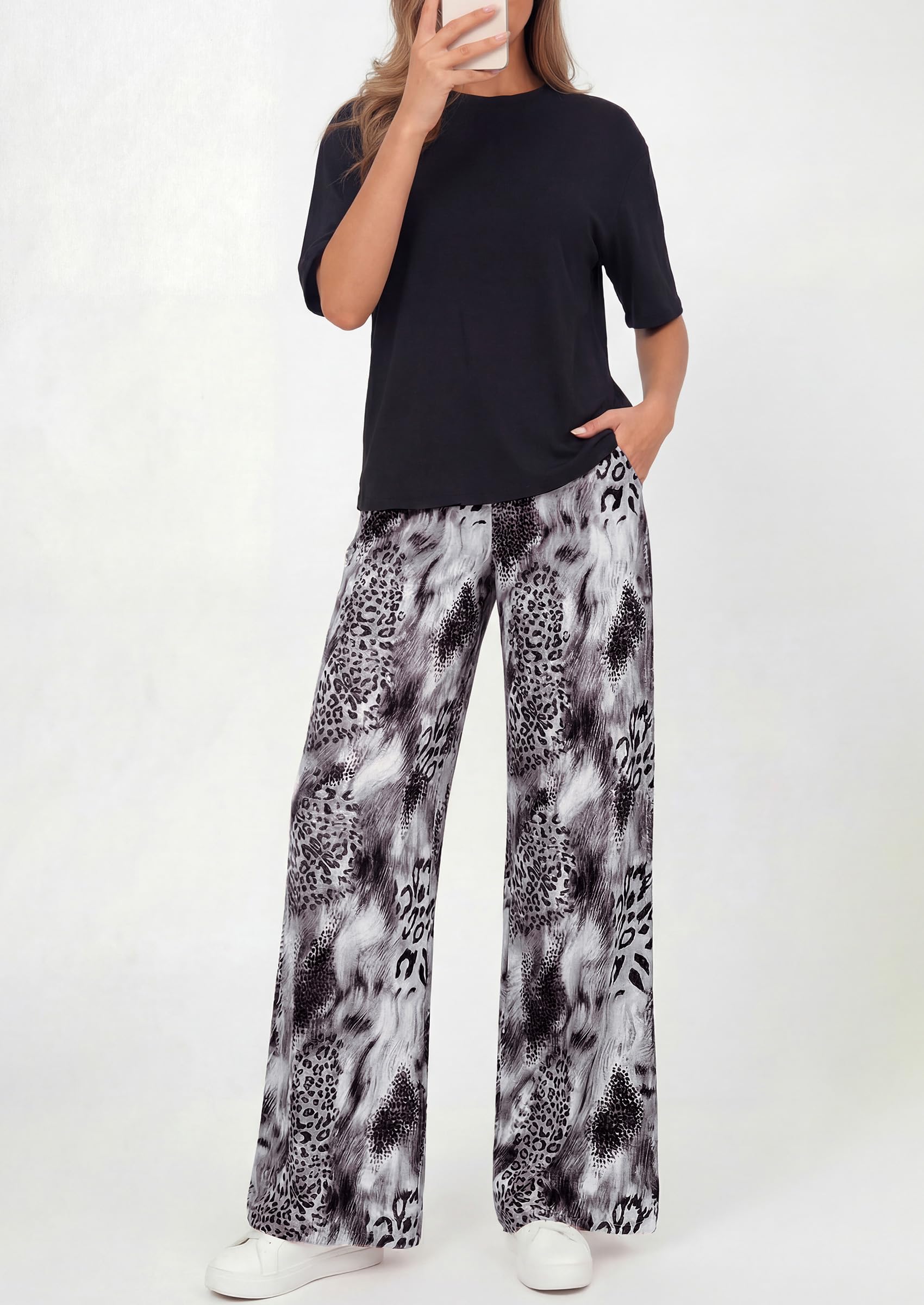 PRETTYGARDEN Women's 2 Piece Lounge Sets Summer Casual Short Sleeve Tops Leopard Flowy Pants Pajamas Vacation Travel Outfits - PRETTYGARDEN