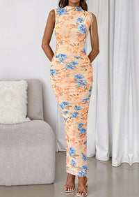 PRETTYGARDEN Women's Summer Maxi Floral Dresses Ruched Bodycon Sleeveless Mesh Formal Wedding Guest Cocktail Split Long Dress PRETTYGARDEN